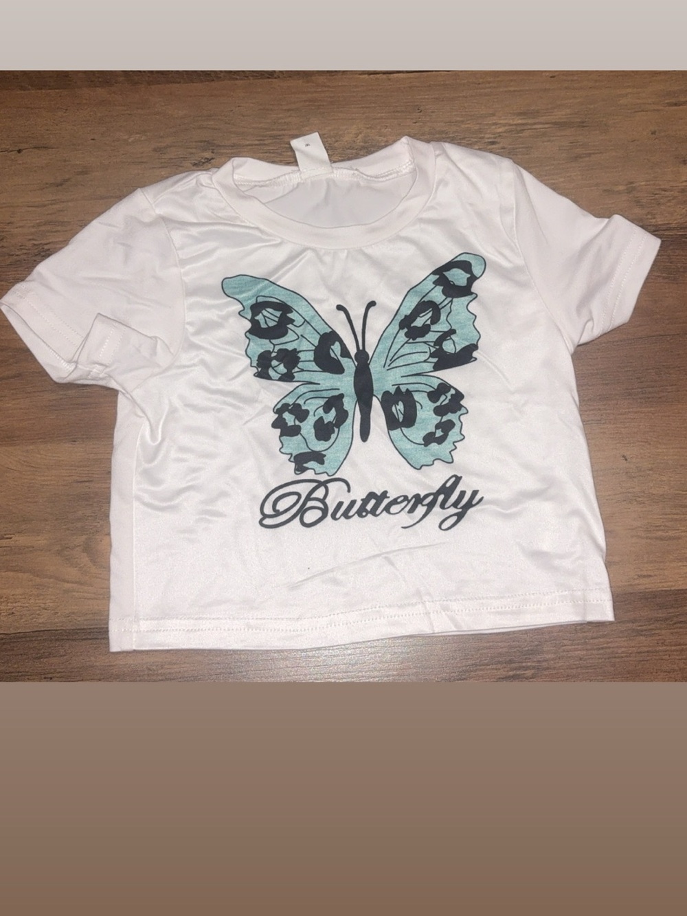 SHEIN White Tee with Teal and Black Butterfly